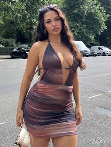 NegzBox Vestido mini con cuello en V profundo, estampado abstracto de tie-dye, espalda con lazo, ajuste ceñido y volantes en el bajo, sexy y de moda para fiestas, citas, té de la tarde, playa y vacaciones de verano - Multicolor - Ver 1