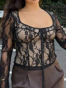 NegzBox 女士性感蕾丝蝴蝶结前方领长袖上衣，休闲 Y2K 服装 - 黑色 - 查看 5