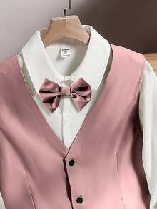SHEIN Set de 2 piezas Traje de caballero para adolescentes, chaleco ajustado en verde menta + pantalón largo con textura, conjunto elegante y formal para cumpleaños, fiesta, boda, graduación - Rosa - Ver 4