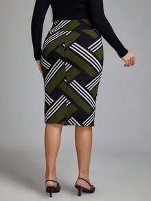 Chikora Plus Size Geometric Striped High Waist Bodycon Skirt - Army Green - View 2