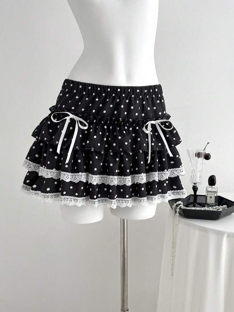 Elamini 1 pièce Jupe de fête décontractée à taille basse avec imprimé à pois noir et blanc, nœud papillon, volants en dentelle. Jupe mini mignonne et confortable pour femmes