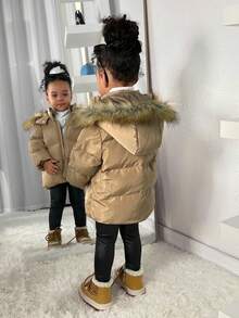 SHEIN 女婴可爱保暖连帽棉衣，百搭秋冬装 - 卡其色 - 查看 2