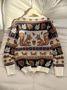 Franclia Sweater Lengan Panjang Leher Bulat Motif Tupai Kasual Musim Gugur untuk Wanita, Musim Gugur - Hitam - View 2