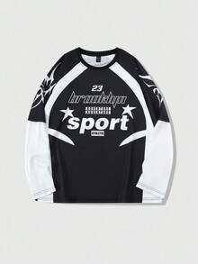 ROMWE MEN Prep Men's Street American Sports Patchwork 2 In 1 English Graphic Print Long Sleeve T-Shirt Jersey, Spring/Autumn, For Fall - Black - View 1