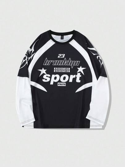 Prep Men's Street American Sports Patchwork 2 In 1 English Graphic Print Long Sleeve T-Shirt Jersey, Spring/Autumn, For Fall