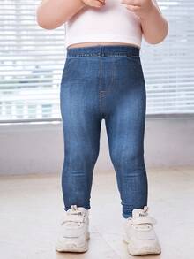 SHEIN Toddler Girl Everyday Casual Plain Blue Imitation Denim Long Pants With Pocket Details Toddler Jeans Pack Toddler Leggings Fall Winter - Blue - View 3