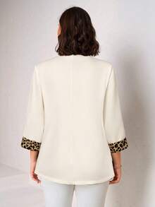 Chikora Plus Size Women's Blazer Jacket With Leopard Print Contrast Cuffs, Elegant For Daily, Business And Commuting Wear In Fall/Winter - Beige - View 2