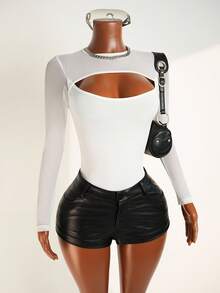 Mistrie Women Crew Neck Long Sleeve Mesh Contrast Hollow Out Casual Bodysuit Fall Cloth For Women - White - View 4