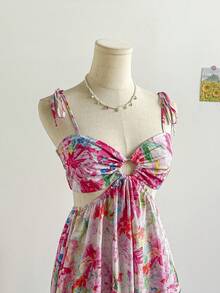 Soleia 女士彩色花卉油画印花褶皱肩带腰 A 字中长连衣裙，度假风 - 彩色 - 查看 5