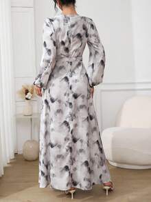 Modelyn Tie Dye Lantern Sleeve Belted Maxi Dress - Grey - View 3