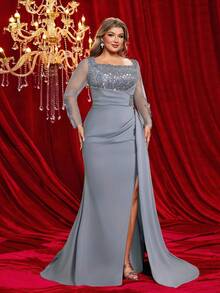 Glamrae Plus Size Champagne Gold Elegant Gold & Silver Thread Luxury Embroidered Patchwork Blue 3D Handmade Decorative Pleated Shawl For Evening Gown - Dusty Blue - View 6