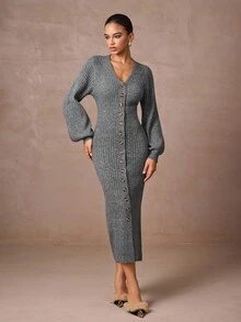 Lumalex Fall Winter Modest Old Money Coquette Glitter Holiday Party Outfit Rave Festival Outing Swim Vacation Bohemian BOHO  Hot Outdoor Richly Layered Wedding Season Banquet Coming Of Age Ceremony Women's Casual Button V-Neck Extra Long Sweater Dress Grey Sweater Dress Button Down Sweater Dress Ribbed Knit Dress Cardigan Dress Luxury Prom Christmas New Year - Grey - View 4