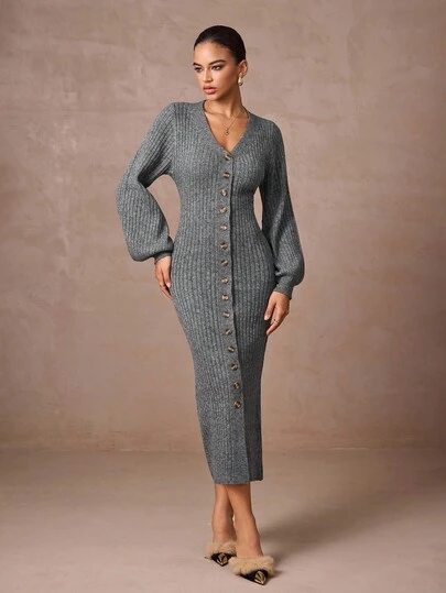 Lumalex Fall Winter Modest Old Money Glitter Holiday Party Outfit Rave Festival Outing Swim Vacation Bohemian BOHO Hot Outdoor Richly Layered Wedding Season Banquet Coming Of Age Ceremony Women's Casual Button V-Neck Extra Long Sweater Dress Grey Sweater Dress