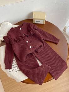 Sparklyn 青少年女孩时尚百搭通勤可爱休闲开衫和喇叭裤针织毛衣套装 - 咖啡棕 - 查看 1