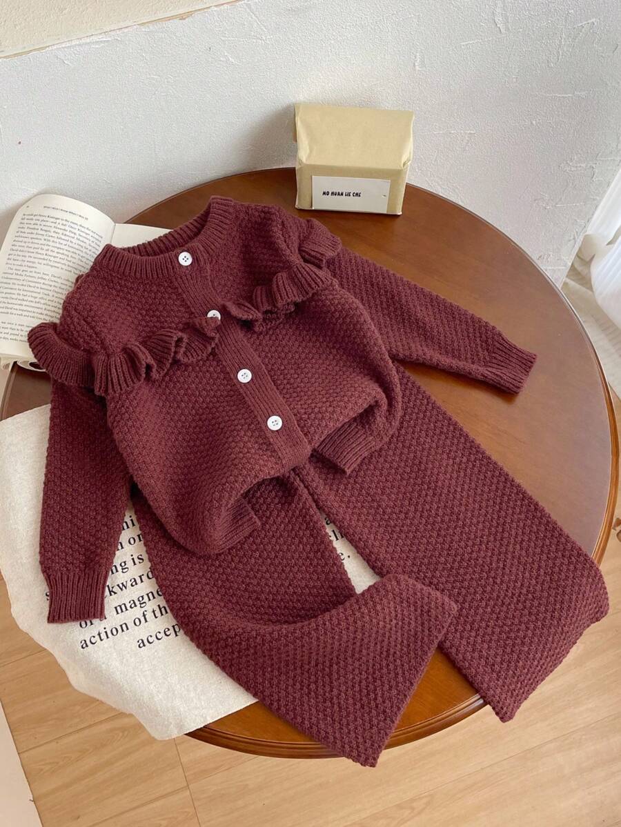 Sparklyn 青少年女孩时尚百搭通勤可爱休闲开衫和喇叭裤针织毛衣套装 - 咖啡棕 - 查看 1