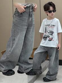 Dazy Kids 男童宽松直筒休闲牛仔裤，秋季童装 - 灰色 - 查看 1