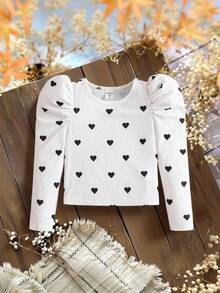 SHEIN Young Girl Heart Pattern Square Neck Gigot Sleeve Casual T-Shirt Autumn Long-Sleeved T-Shirt  Suitable For Autumn And Winter  For Daily Leisure, Sports, School And Parties Toddler Girl  Birthday Girl   Halloween Back To School   Mommy And Me Girls Heart Print Shirt Tween Girls T Shirts White Top For Kids Cute Tops For Kids Long Sleeve Shirts Girls Long Sleeve Tops For Girls Cute Tops For Kids Girl Tween Girls T-Shirts Fall