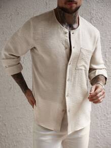 Manfinity CasualCool 男士长袖褶皱面料休闲衬衫，带口袋，百搭纽扣衬衫，送给男朋友或丈夫的最佳礼物 - 杏色 - 查看 5