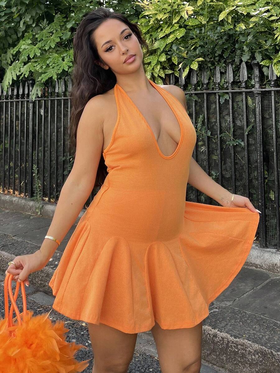 NegzBox 新款春夏休闲基础运动风挂脖U领大露背A摆伞裙防走光打底裤迷你裙橙色罗纹针织女迷你连衣裙-B - 橘色 - 查看 1