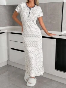 EURMUSE Women High Quality Viscose Fabric With Contrast Binding Detail Floral Pattern Short Sleeve Long Homewear Sleep Pajama Dress - White - View 4