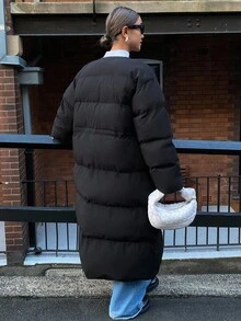 Livesso 女款拉鍊圓領中長版厚填充保暖外套，秋冬度假穿搭 - 黑色 - 查看 3