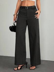 SHEIN PETITE 女士休闲时尚夏季度假条纹印花口袋宽松长裤，适合日常穿着 - 黑色 - 查看 7