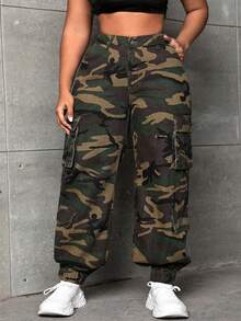 Slaydiva Plus Size Casual Camouflage Printed Cargo Jeans - Multicolor - View 4