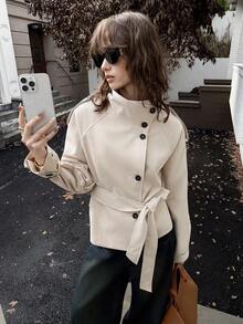 ATUI Studio Áo khoác trench coat cổ đứng màu trơn thường ngày dành cho nữ, Xuân/Thu - Màu be - Xem 1