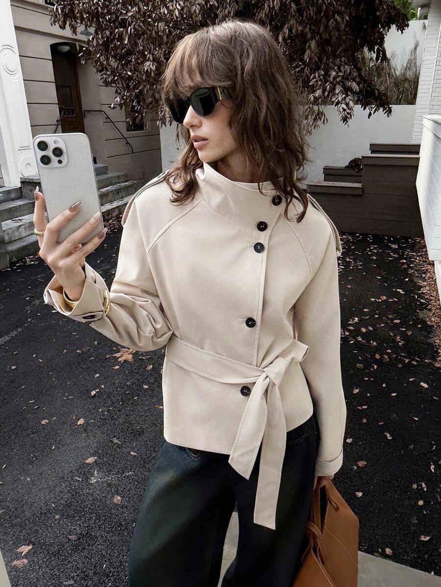 ATUI Studio Áo khoác trench coat cổ đứng màu trơn thường ngày dành cho nữ, Xuân/Thu - Màu be - Xem 1