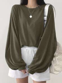 DAZY Solid Drop Shoulder Oversized Tee Long Sleeve Women Tops - Army Green - View 5