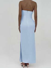 Aloruh 女士纯色褶皱露肩连衣裙 - 淺藍色 - 查看 2