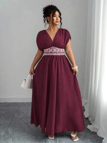 Elenzga Váy maxi thường ngày cỡ lớn dành cho nữ có thêu eo, họa tiết Paisley, cổ chữ V bohemian, nhún vai, thắt eo, thon gọn, thanh lịch khi đi chơi, trà chiều, tụ tập, hàng ngày, kỳ nghỉ - Đỏ - Xem 6