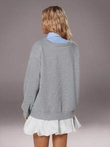 TRNVIE 1pc Women's V-Neck Embroidered Logo Colorblock Relaxed Fit Thermal Lined Sweatshirt, Casual Wear For Office, School, Home In Autumn/Winter - Grey - View 2
