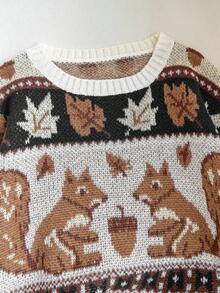 Franclia Sweater Lengan Panjang Leher Bulat Motif Tupai Kasual Musim Gugur untuk Wanita, Musim Gugur - Hitam - View 4