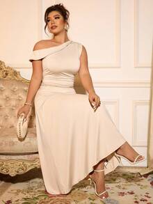 Cravure Plus Size Women's Elegant French Style Asymmetric Neck Fitted Dress / Casual Chic Fitted Dress