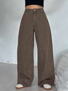 DAZY Women's Loose Korean Style Washed Khaki Casual Street Jeans - Coffee Brown - View 2