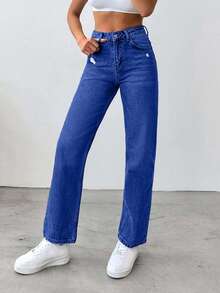 EURMUSE 100%Cotton Ripped Straight Leg Jeans - Dark Wash - View 5