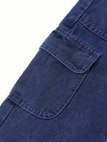 SHEIN Girls' Casual All-Match Loose Straight Leg Washed Denim Cargo Pants, Versatile & Comfortable Essential Item For 2025 Fall Winter Street Vintage Retro Washed 2000s Slant Pocket Raw Trim Denim Baggy - Dark Wash - View 4