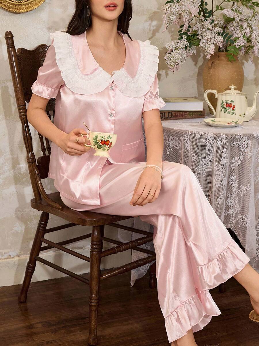 Côtesoire 法式优雅蕾丝缎开衫女士睡衣套装 - 淺粉色 - 查看 1