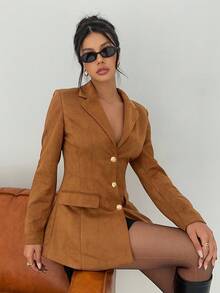 SHEIN EZwear Women's Autumn New Brown Suede Blazer Jacket, Waist Cinched, Vintage Style - Brown - View 3