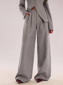SHEIN BAE Autumn/Winter Women's Minimalist Elegant Commuter Casual Straight-Leg Suit Pants Loose-Fit Pants Gray Loose-Fit Pants High-Waisted Loose-Fit Pants Pleated Loose-Fit Pants Women's Suit Pants, A Must-Have Item For Autumn/Winter,Fall - Grey - View 5