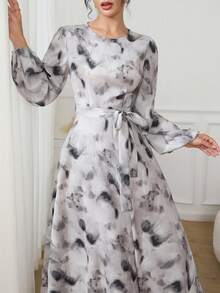 Modelyn Tie Dye Lantern Sleeve Belted Maxi Dress - Grey - View 4