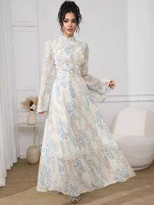 Veilorie Váy tay loe họa tiết hoa thanh lịch cho nữ, thu đông - Màu xanh nhạt - Xem 3