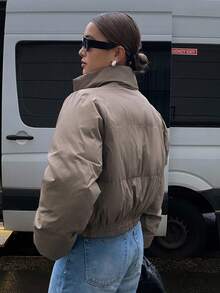 DAZY 女式立领短款毛绒内衬休闲街头风格棉服外套冬季夹克 - 棕色 - 查看 5