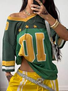 Coolane 女士春夏街头潮流情侣同款休闲V领落肩字母印花宽松休闲运动T恤