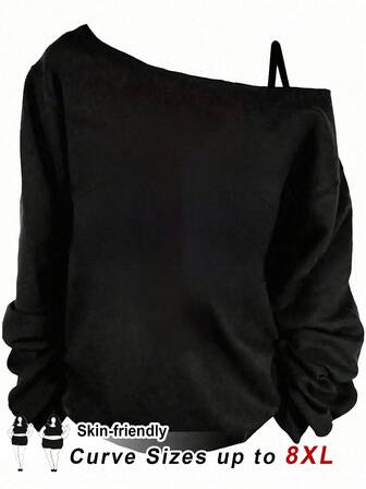 SHEIN CURVE+ 大码休闲简约大码单肩长袖T恤/秋冬