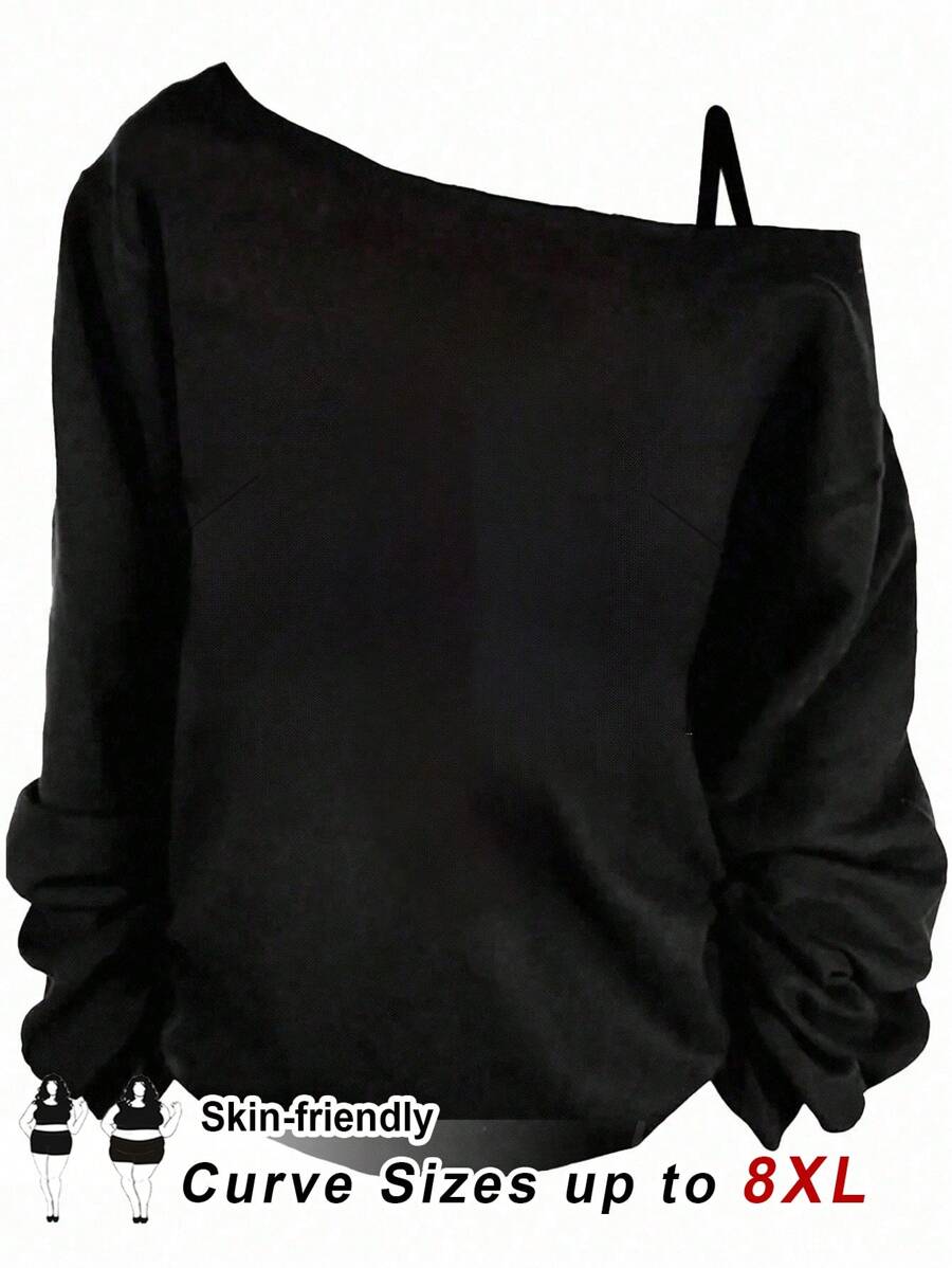 SHEIN CURVE+ 大码休闲简约大码单肩长袖T恤/秋冬