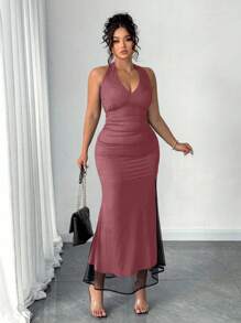 SHEIN PETITE Mesh Double Layer Halter Maxi Fish Tail Dress, Elegant Plus Size & Petite Summer Dress - Multicolor - View 6