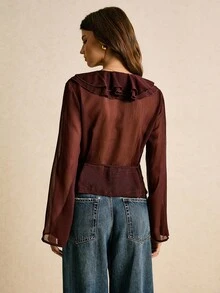 Poéselle 女士棕色荷叶边薄纱长袖衬衫，优雅女士衬衫，时尚女士衬衫，外出上衣，商务休闲女装，老钱气质，优雅女士，经典女士，秋季女士，冬季女士，棕色上衣 - 咖啡棕 - 查看 6