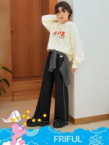 FRIFUL SHEIN X Care Bears Quần dài họa tiết gấu bo gấu cạp chun rộng rãi cho nữ - màu đen - Xem 8